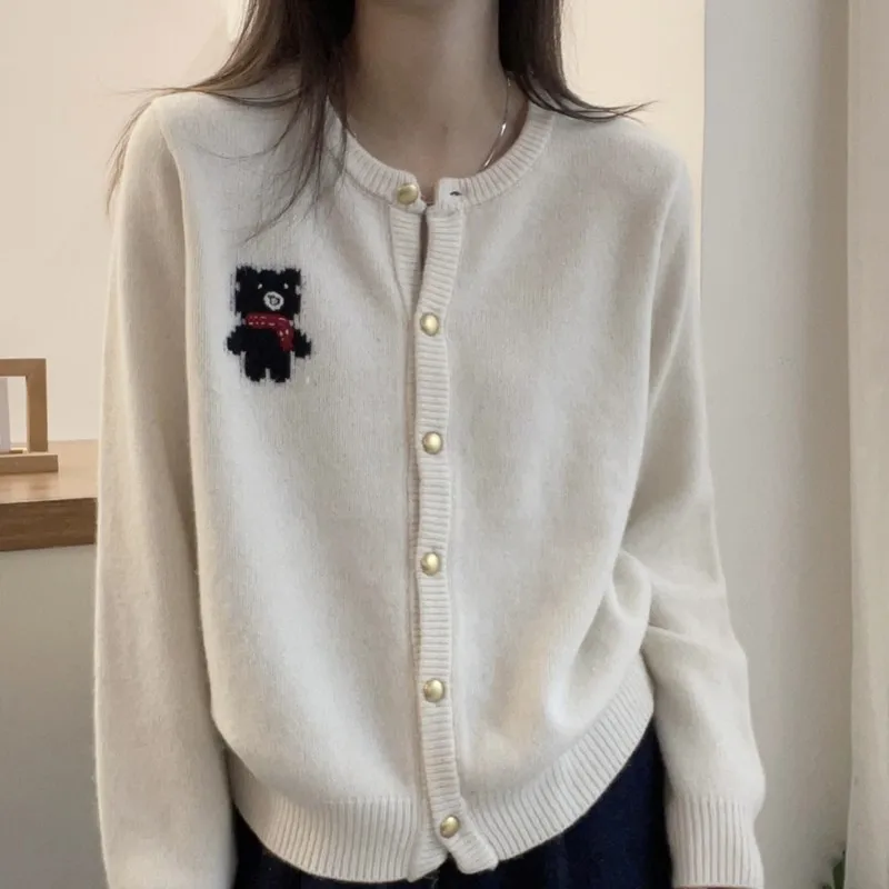 Spring new arrival fashion lady crew neck long sleeve loose fit bear print thin sweater coat