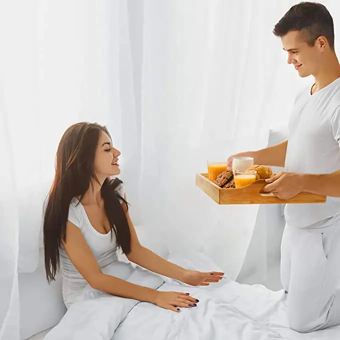 
Serving Tray with Handles - Wood Bamboo Trays for Food Breakfast Dinner Party,Tea Coffee Table Tray Set of 3 