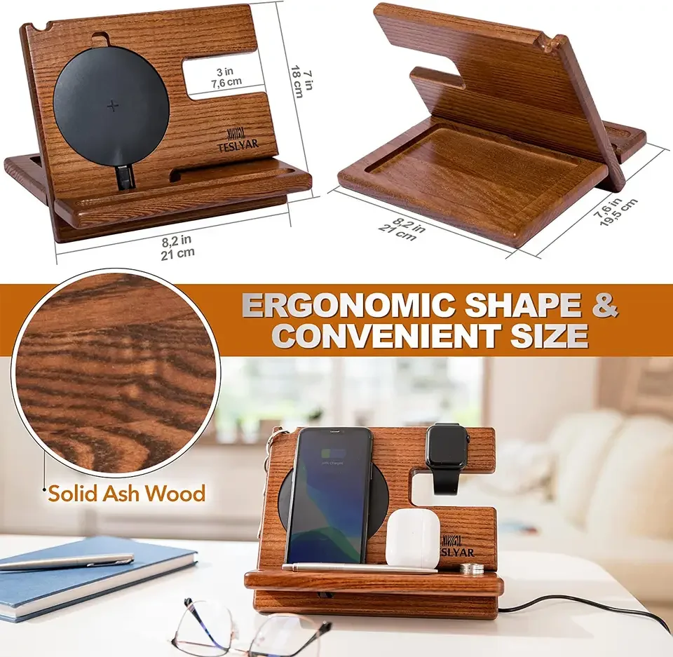 Wood Phone Docking Station Ash Key Holder Wallet Stand Watch Organizer Men Husband Wireless Charging Pad Slim Birthday Nightstan