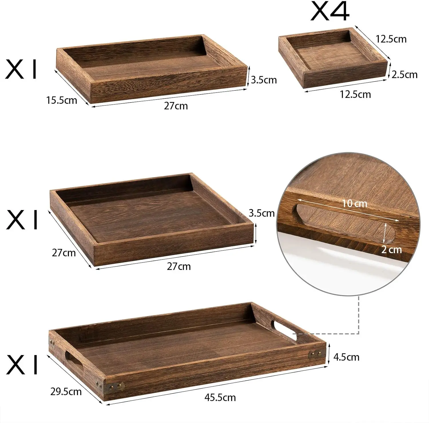 Rustic wooden tray with handle - 7-piece set of rectangular plates for entertainment, breakfast, coffee table wooden tray