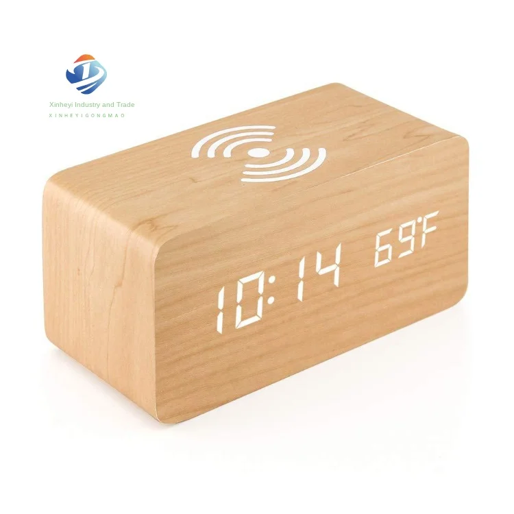 Led Alarm Clock Wooden Digital Electronic Smart Wireless Charging Led Clock For Bedroom Office Home Bedside Living Room