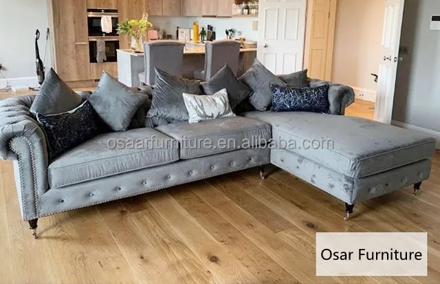 Classic American Style Grey Velvet Tufted Chesterfield Round Corner Sectional Sofa