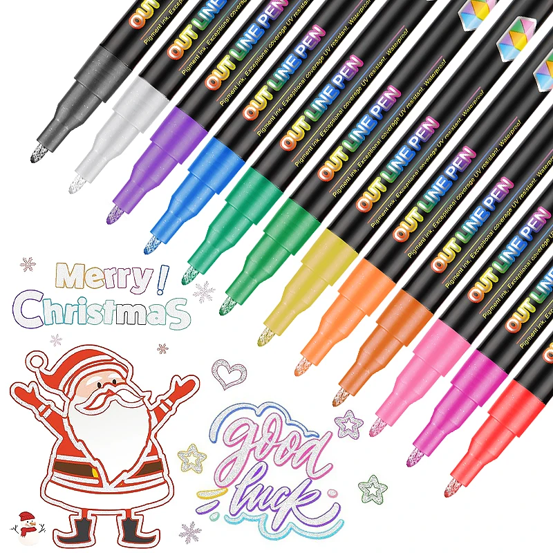 12 Color Double Line Outline Art Pen Marker Pen DIY Graffiti Outline Marker Pen Highlighter Scrapbook Bullet Diary Poster Card
