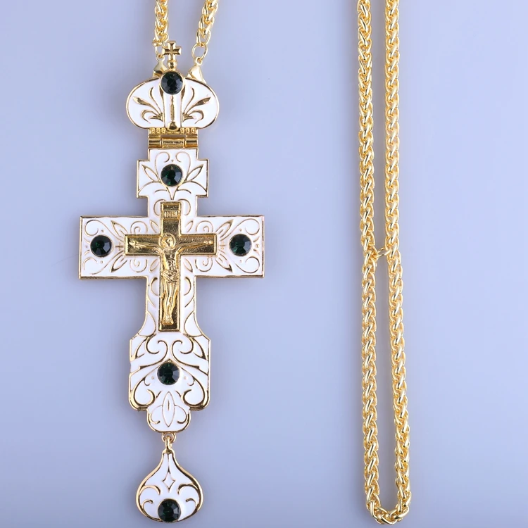 Gold Plated Ivory White Enamel with Crystal Stones Alloy Orthodox Greek church Russian Pectoral Cross