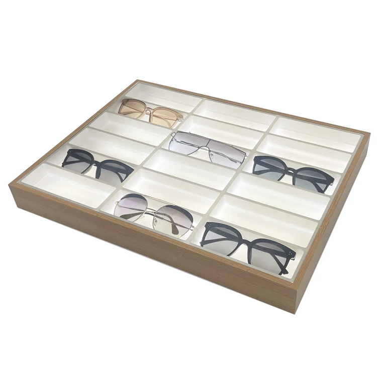 Wholesale Wooden LED Back light 18 Slots Glasses Display Tray Support Portable Charger Sunglasses Sales Tray