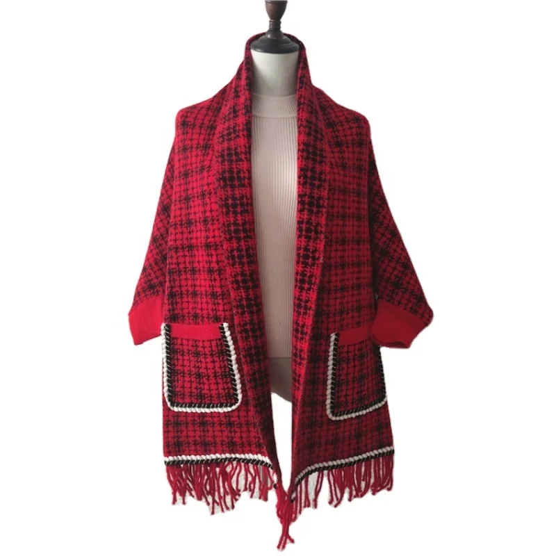 2022 New Luxury mink cashmere pocket Small Lattice tassel scarf winter warm cloak women Poncho shawl