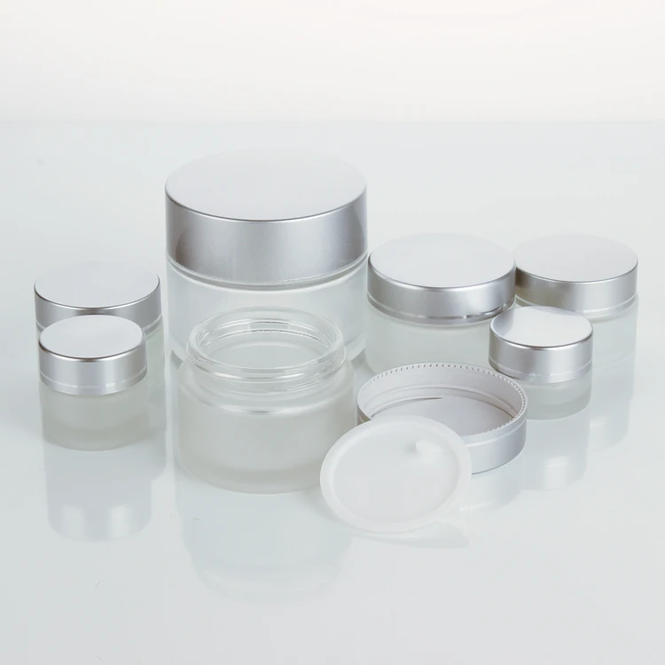 Empty glass jar with silver cover for stock Cream 50ml 100ml frosted empty glass frosting cans cosmetic packaging