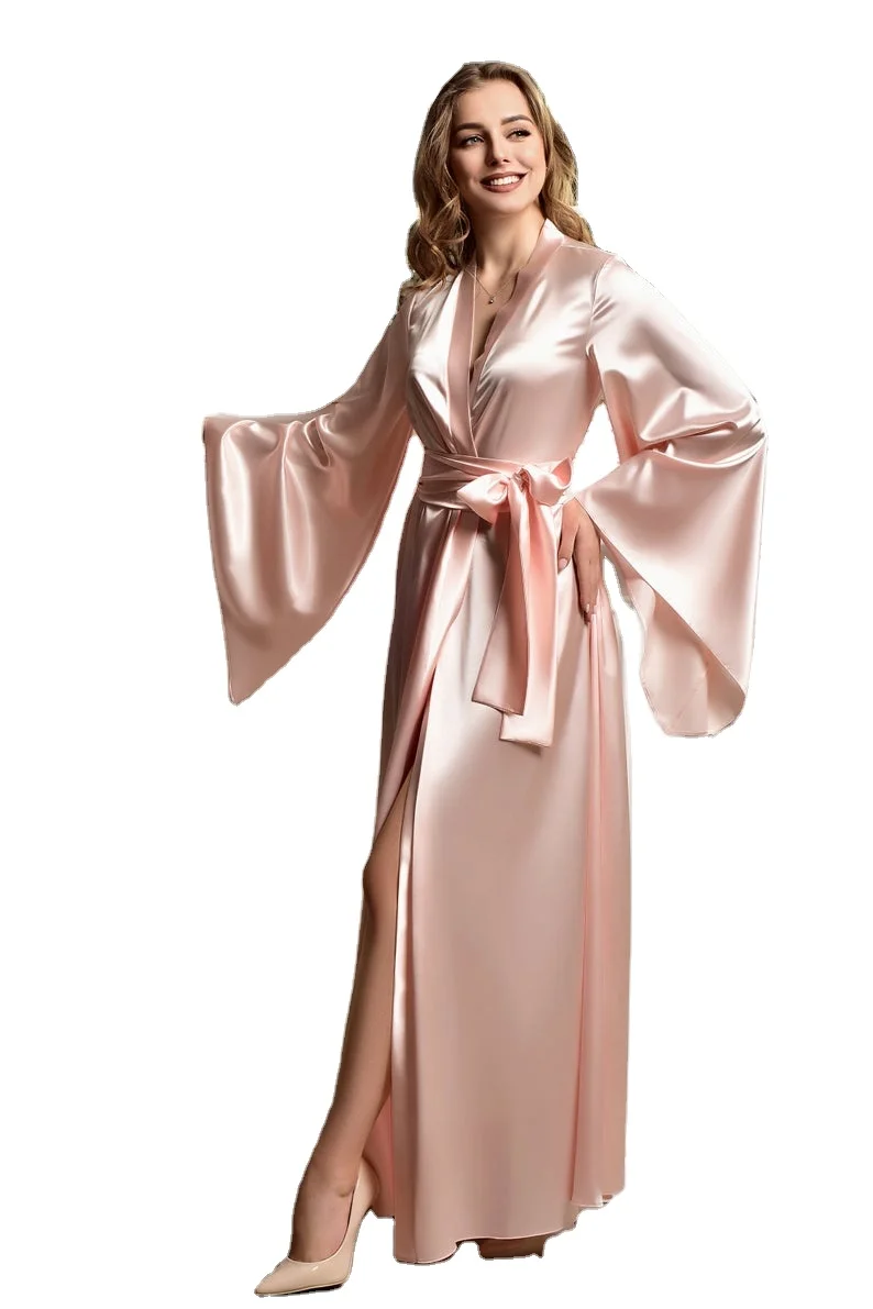 High Quality Hot Sale Wholesale Women Fashion Elegant Long Sleeve Long Silk Satin Kimono Robes Nightgowns Pajamas