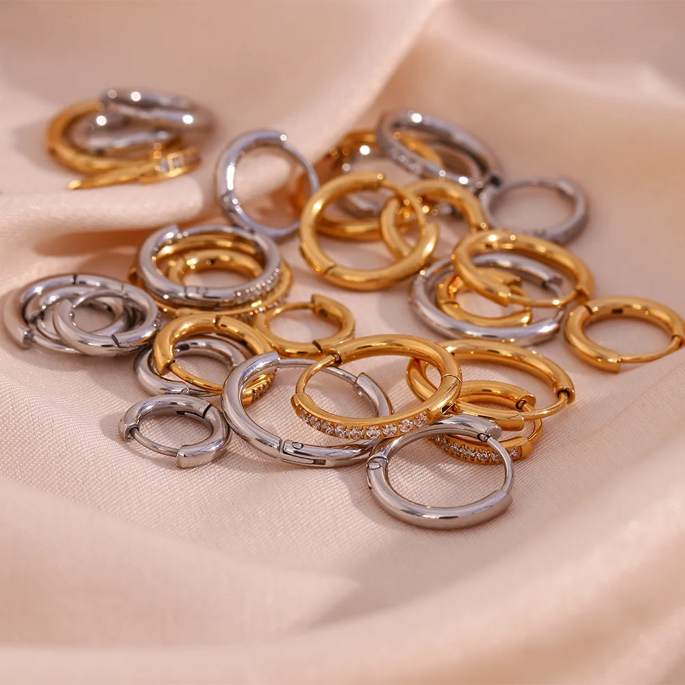 Exquisite Gold Plated 10mm 12mm 14mm 16mm Zircon Huggies Jewelry Classic Stainless Steel Small Circle Hoop Earrings For Women