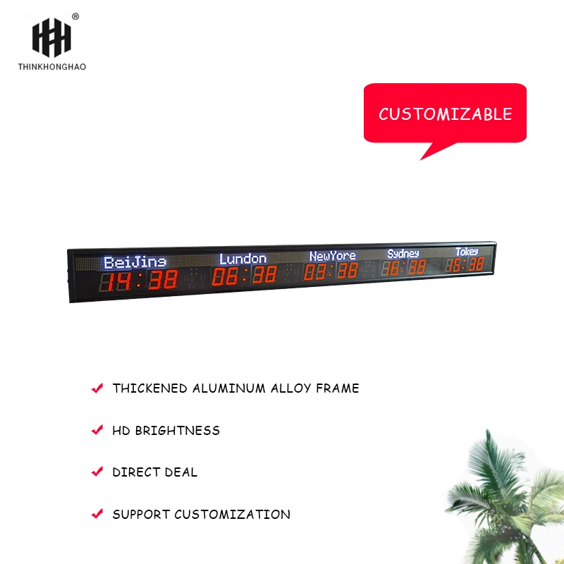 hong hao 5 city time zone clock red white digital wall led clock LED digital multi zone clock