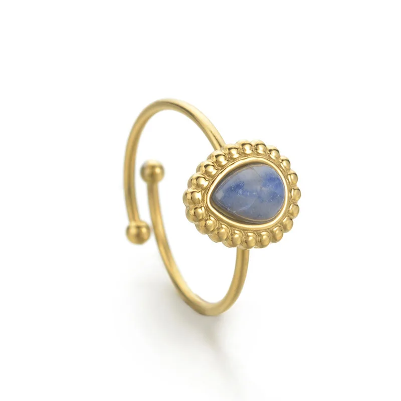 French Style Retro Elegant 14K Gold Plated Adjustable Water Drop Pine Stone C Shape Ring for Women