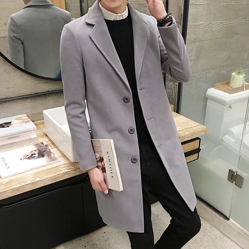 Solid Color Casual Fashion Men Long Coat Breathable Thermal Wool Coat Trench Coat