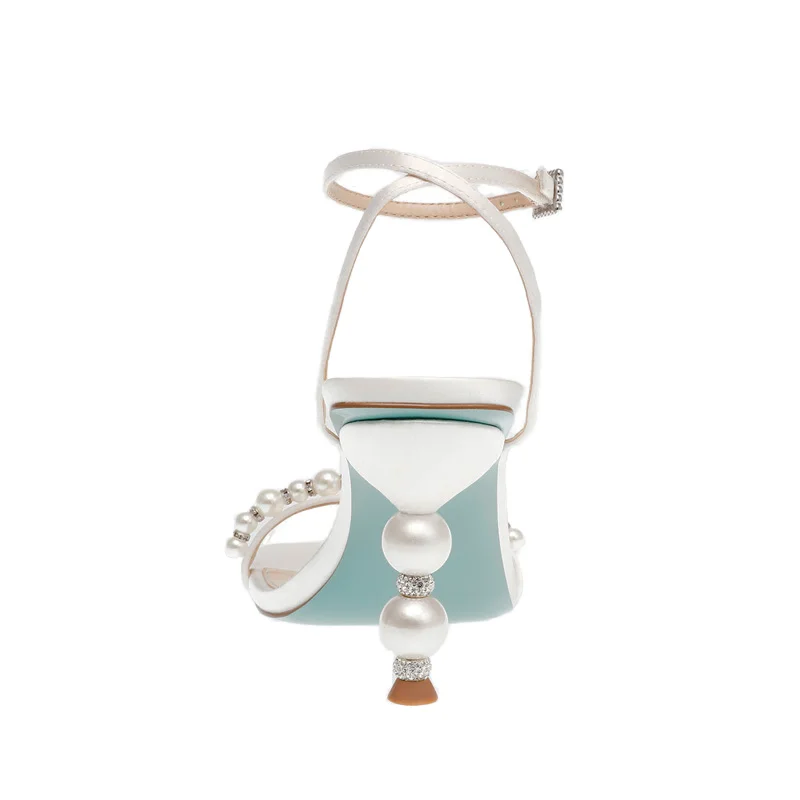 Sole Customization Elegant White Open Toe Bridal Sandals High Quality Soft Leather with Pearl Heel Ankle Strap Summer Weddings