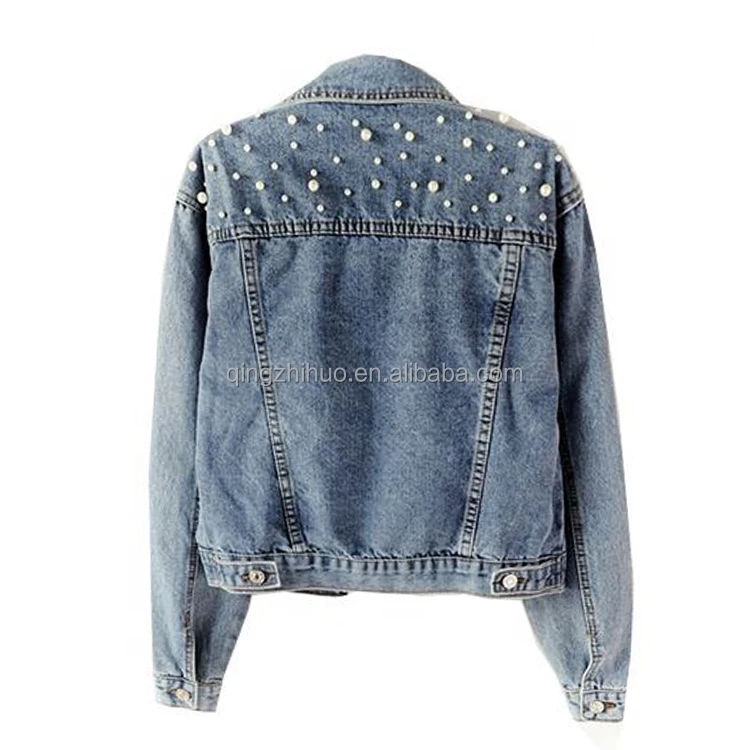 Autumn Street Wear Custom ODM Blue Jean Outdoor Motorcycle Jacket Women Beaded Denim Jacket