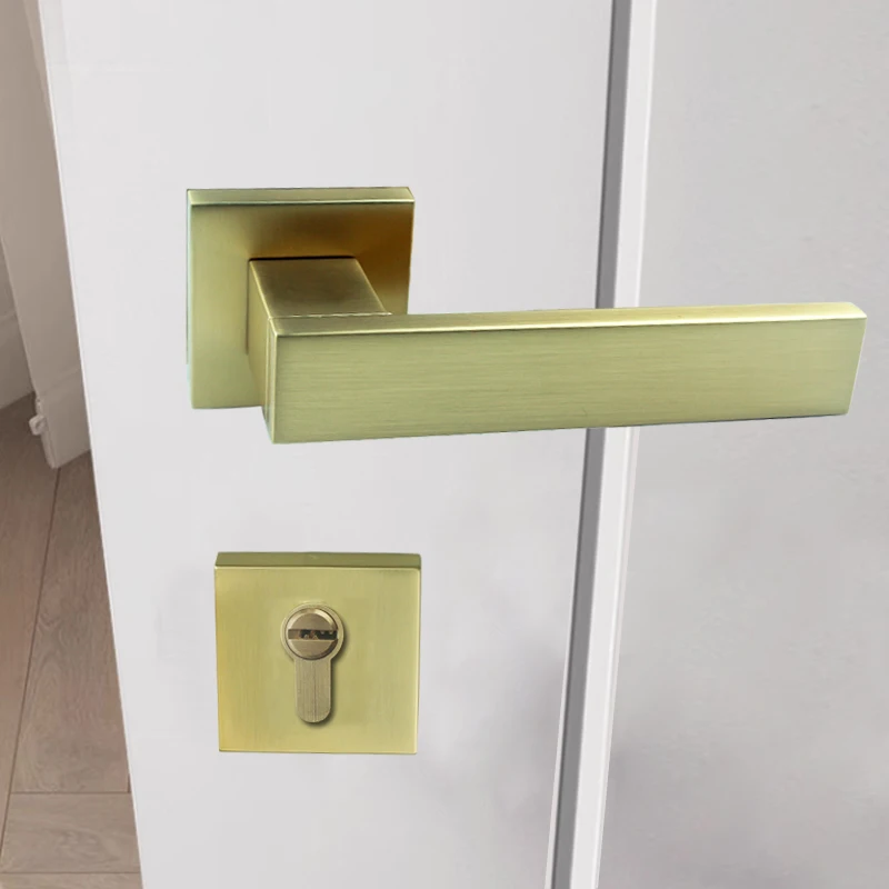 Modern Square Brushed brass color door handles decorative with cylinder lock set