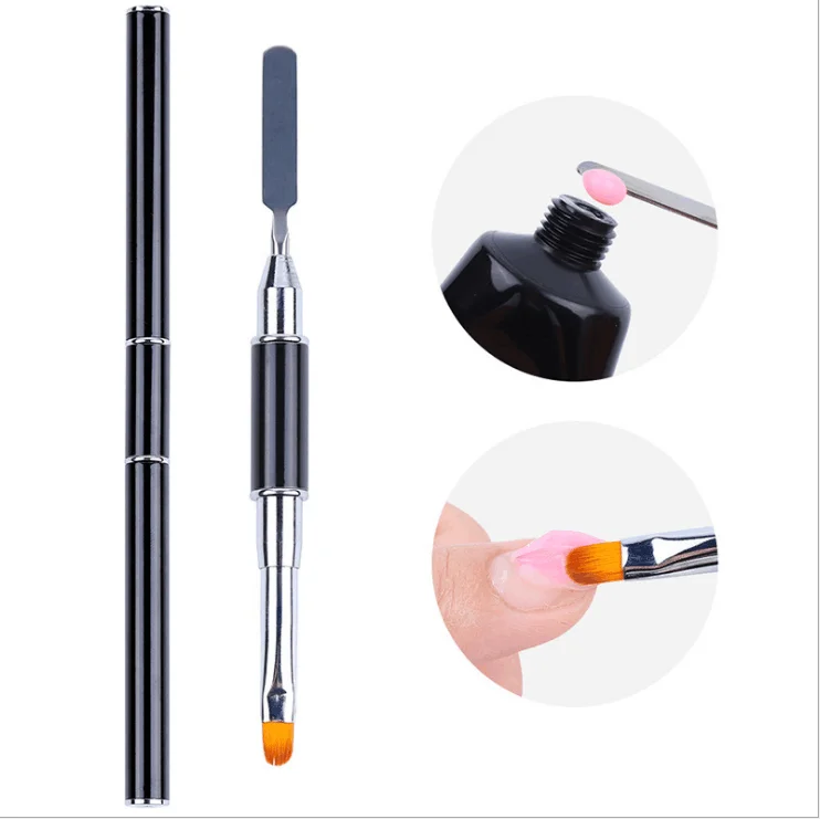 Professional Black Metal Handle Nail Pen Double Ends Nylon Hair Gel Painting Nail Art Brush with Nail Spatula Pusher