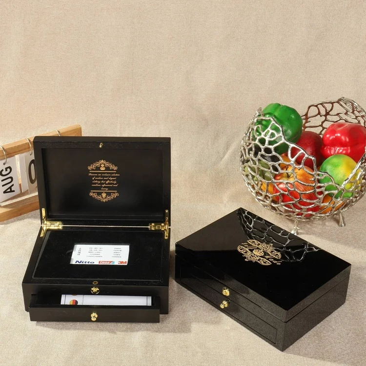 Hot Selling Wooden VIP Card Box Packing 2-Tier Luxury MDF Gift Card Box with Pull-out Drawer
