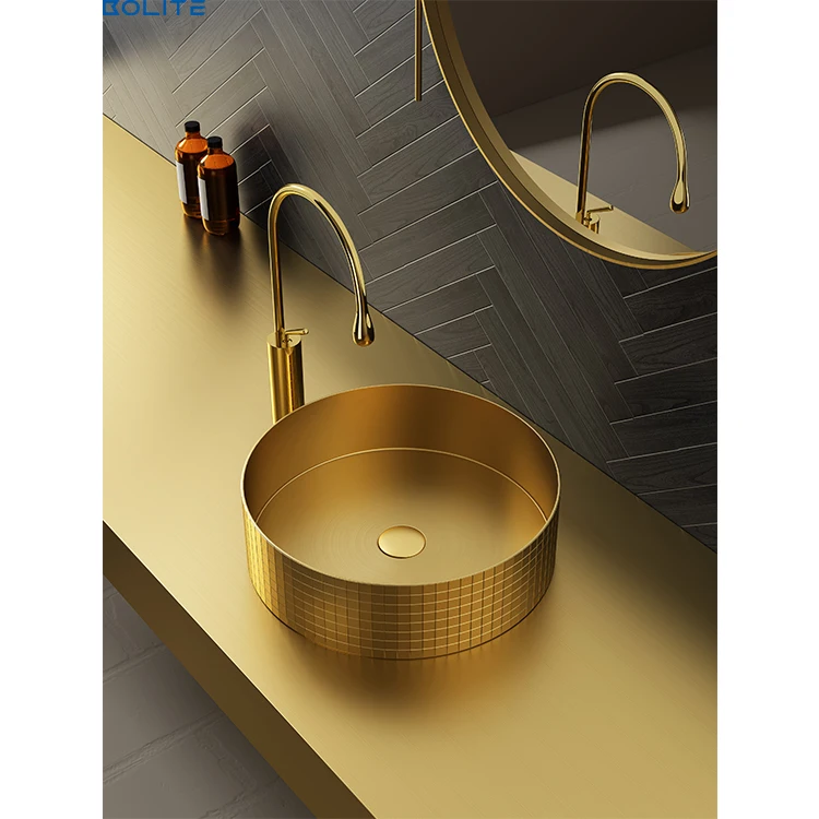 Light And Luxurious Stainless Steel Basin On The Table Integrated With Golden Washbasinbar
