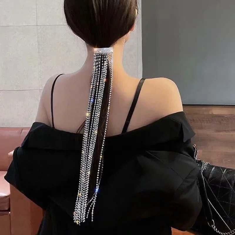 Latest Design Fashion Crystal Rhinestone Fring Hairband Long Tassel Chain Headpiece Hairpins Bridal Girls for