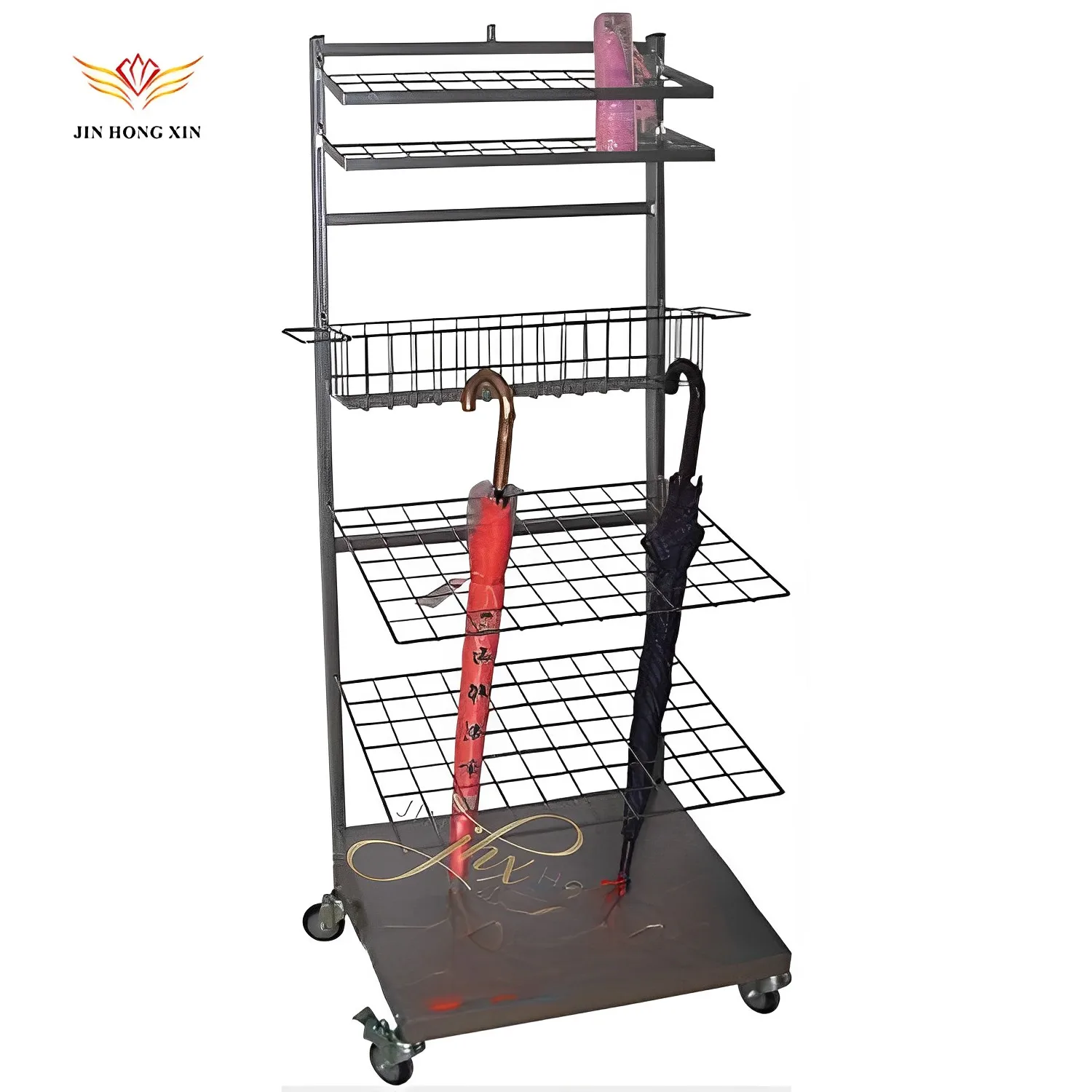 customized steel layers tiers metal umbrella storage display stand rack pvc coating wheel indoor