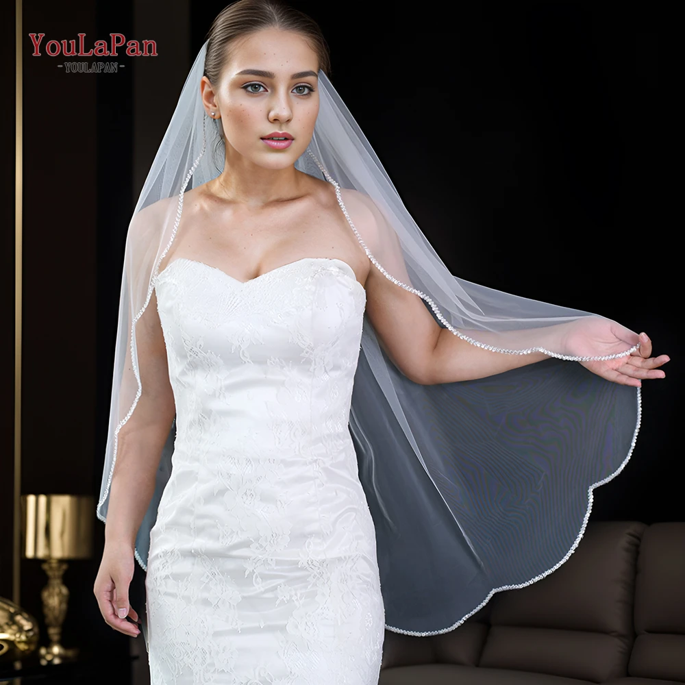 YouLaPan V240 2024 Fashion Single Layer Artificial Crystal Beaded Edge Decorative Veil Short Wedding Party Veil with Hair Comb