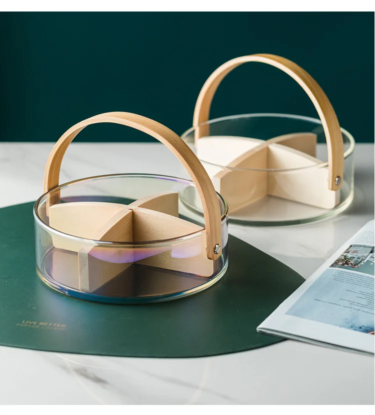 18.5cm Diameter Glass Fruit/Nut Plate with Bamboo Handle, Glass Basket by Clear Borosilicate