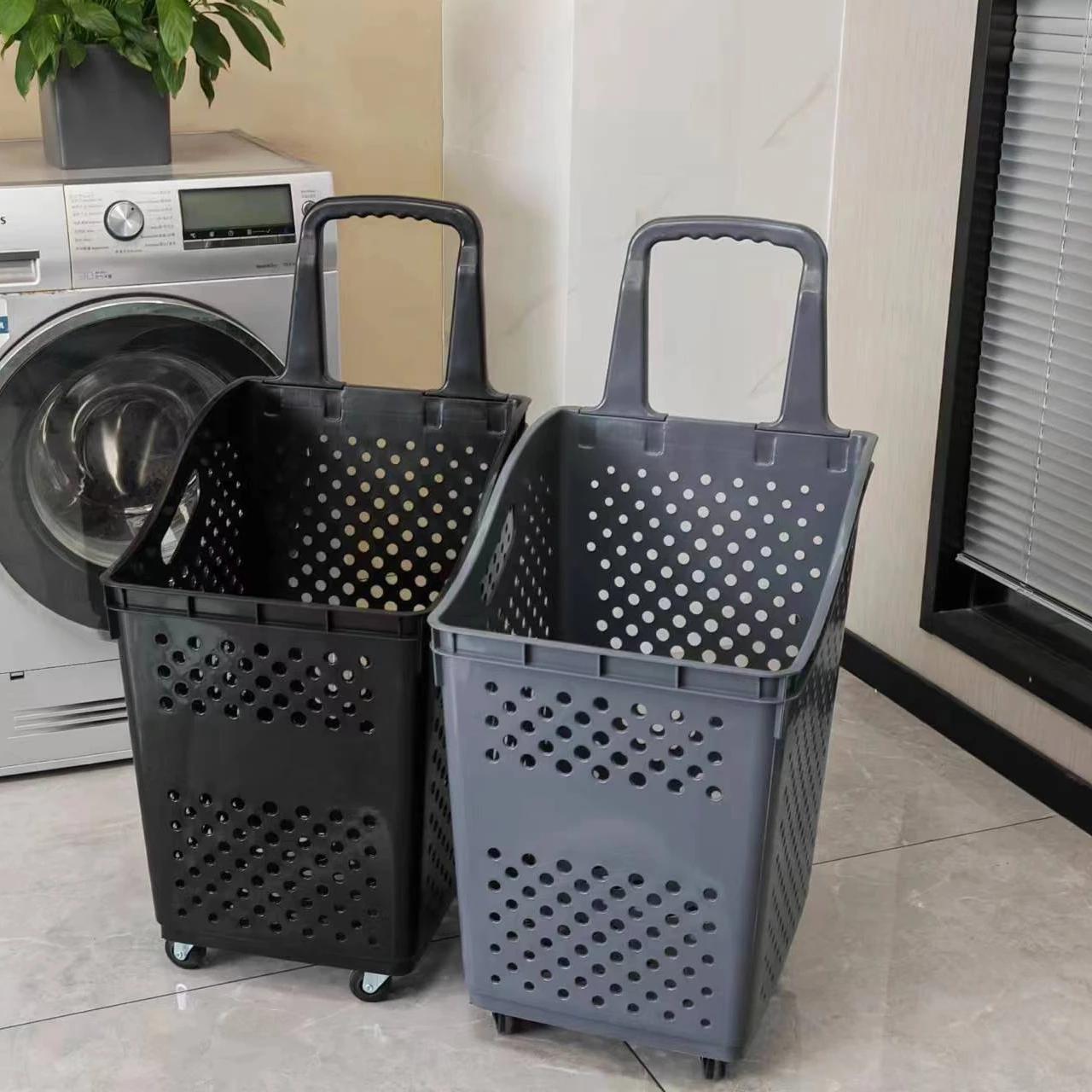 Modern Fashion Plastic Handle Laundry Basket Honeycomb Type With Wheels Plastic Laundry Basket
