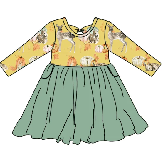 MR090 Halloween Baby Girl Lace Up Dress Custom Print Lovely Dress Baby Girl Pocket Frock