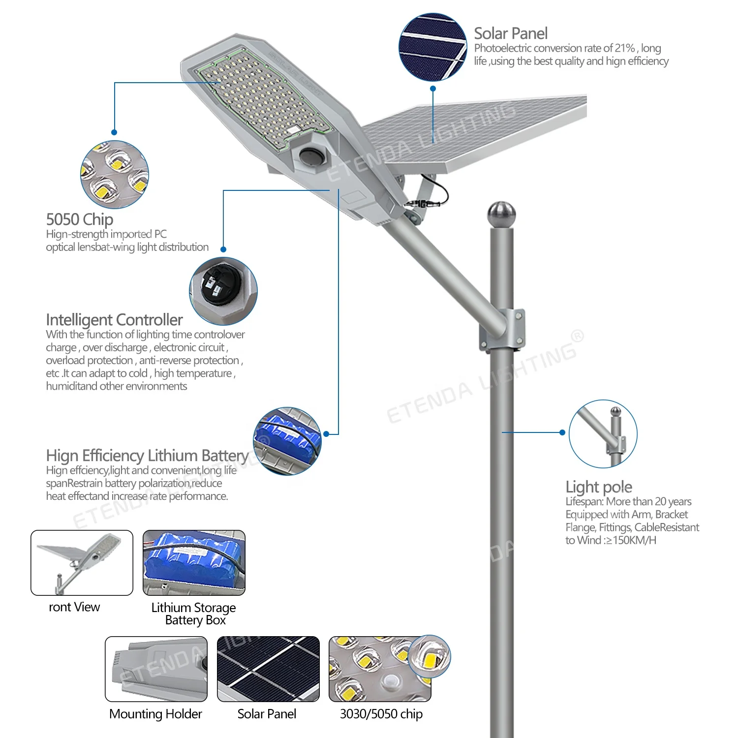 ETENDA Energy Saving Ip66 Aluminum 200w 300w 400w 600W Solar Street Light Lamp With Remote Control Lithium Battery Solar Light