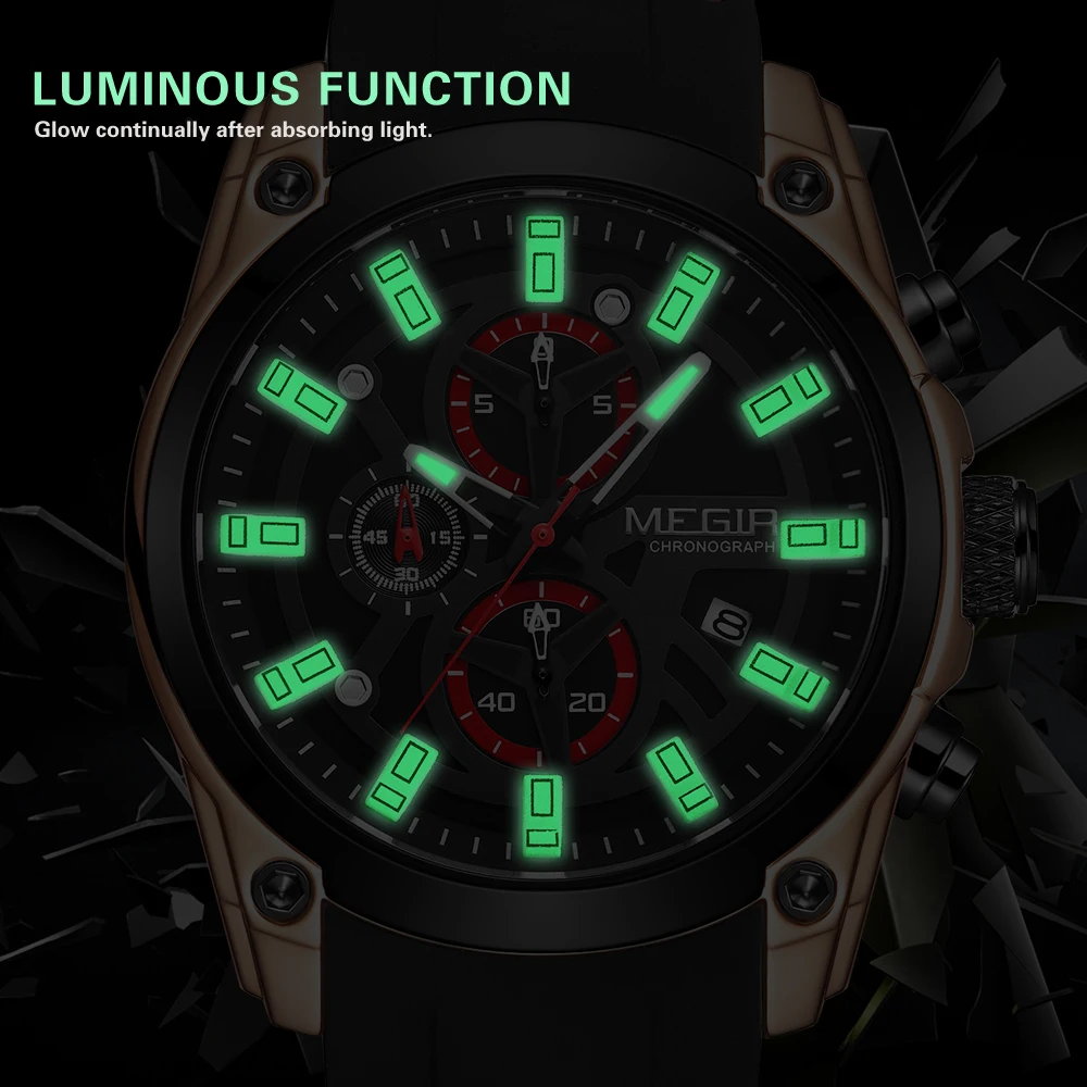 MEGIR 2020 New Mens Watches Top Brand Luxury Sports Wrist Watch Man Rose Black Silicone Waterproof Luminous Watch Clock 2144