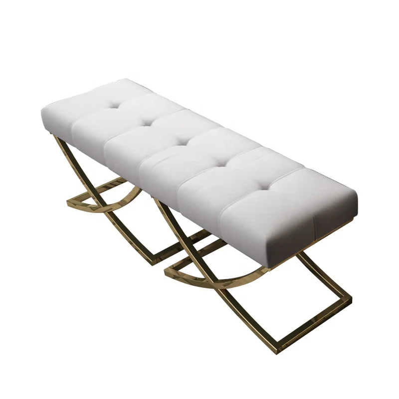 Simple Home Furniture Metal legs Rectangle Stool White leather Pouf Soft Footstool Bed Bench Stool