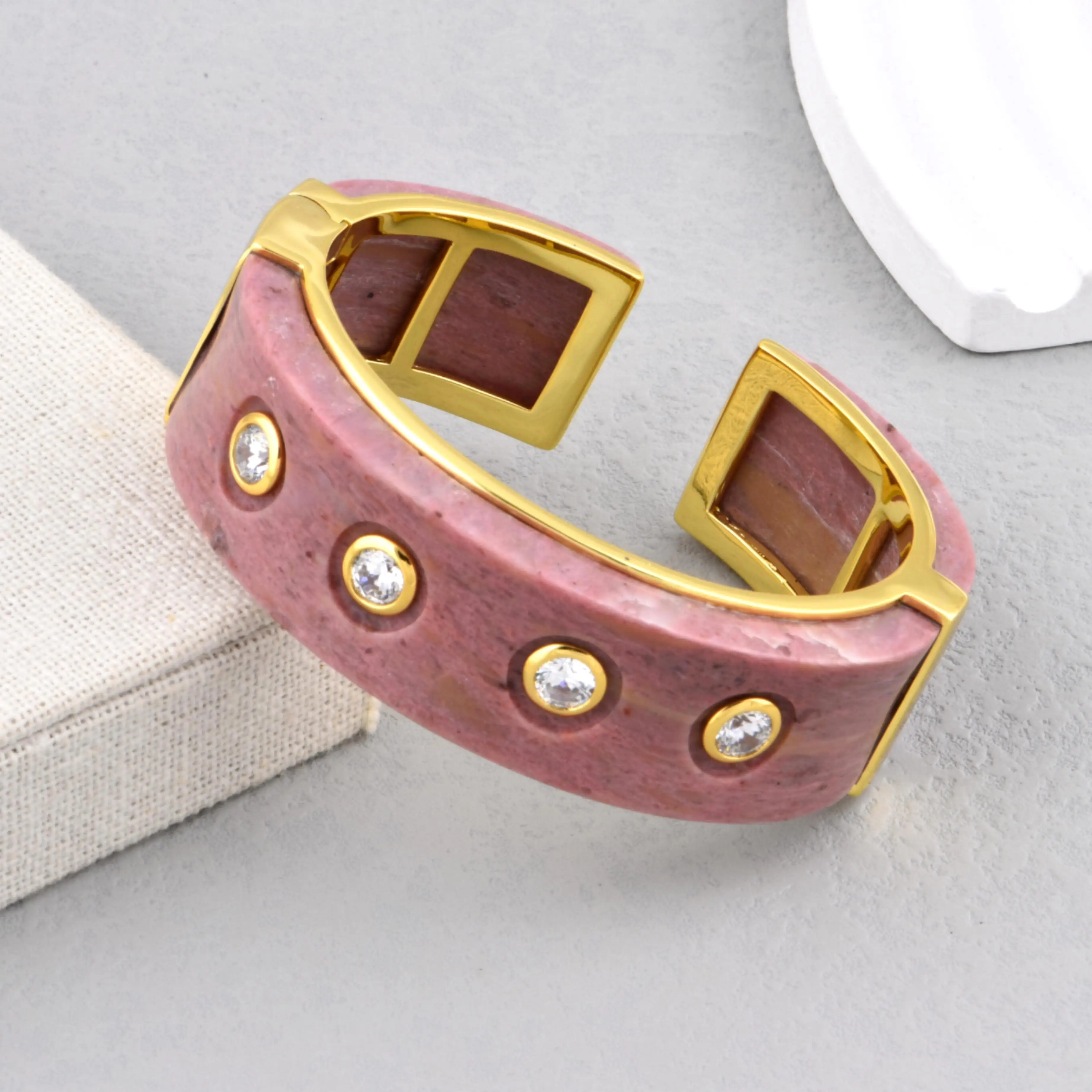 ChinChin Bangles Copper Jewelry Women 18k Gold Plated Brass Rhodonite With CZ Zircon Adjustable Cuff Banglen Jewelry