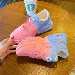Women 5 CM Heel Chunky Shoes Large Size 35-41# Pink Color With Blue Or Green Color Block Shoes