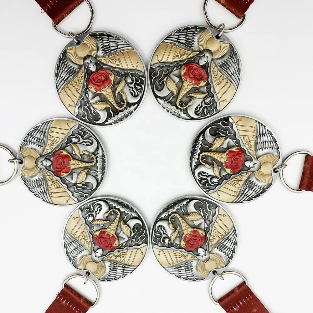
Medal Factory Antique Silver and Satin Gold Plated Custom Made Metal Sports 3D Award Medals with Strip 
