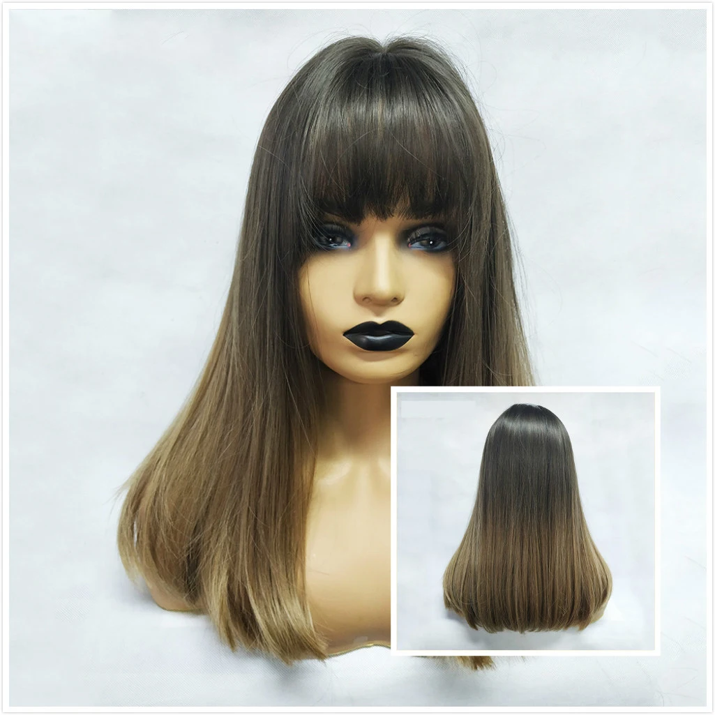 
Synthetic Wigs Long Straight Layered Hairstyle Ombre Black Brown Blonde Gray Ash Full Wigs With Bangs For Black Women 