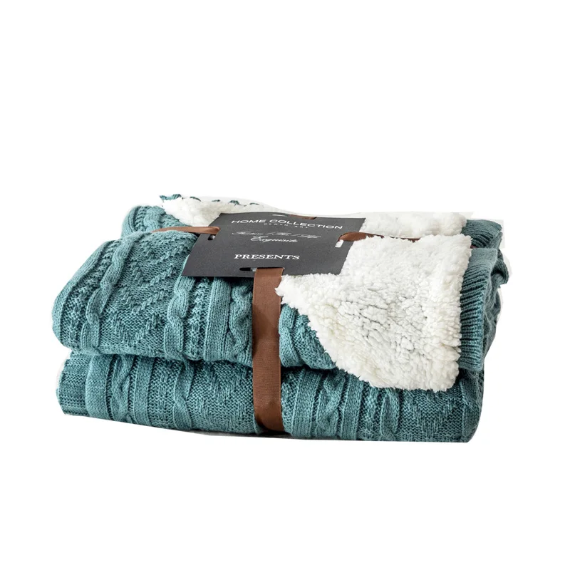 Double Layered Blanket Classic Acrylic Knit Cozy Polyester Faux Lambs Wool Sherpa Backing Plush Throw Blanket