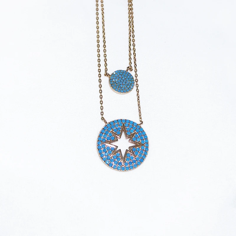 Round Turkey Wholesale Sterling Silver Polaris Blue Zircon Pendant Double Layer Chain Elegant Vintage Necklace Jewelry