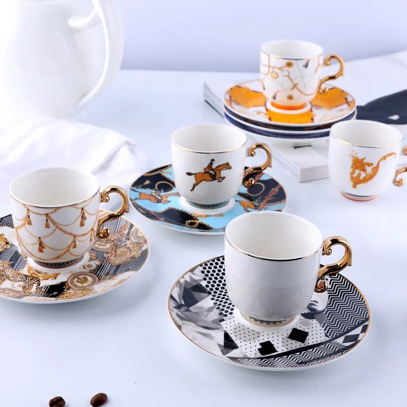 SU03 Turkish Coffee Cup and Saucer Sets Bulk Espresso Porcelain Ceramic Tea Cup and Saucer with Gold Rim