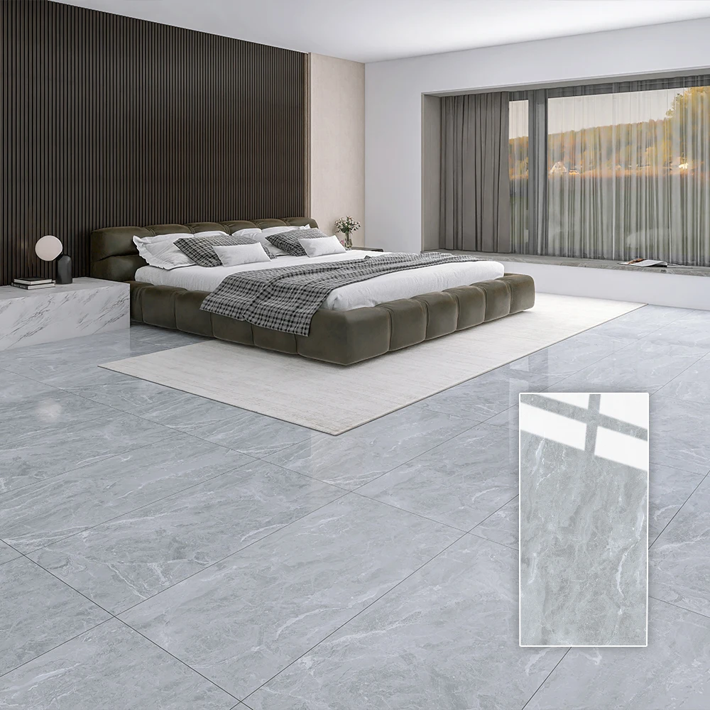 600x1200 Nordic Porcelain Floor Tiles Glossy Shiny Finish Glazed Ceramic Polished Marble Flooring Interior Modern Natural Stone