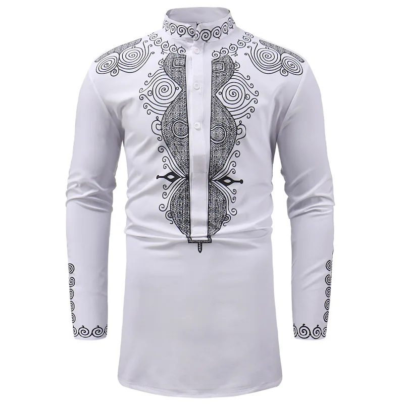 Dashiki Dress Shirt Brand New Tribal Ethnic Shirt Men Long Sleeve Shirts Africa Clothing Print Stand Other Fabric Woven Camisa