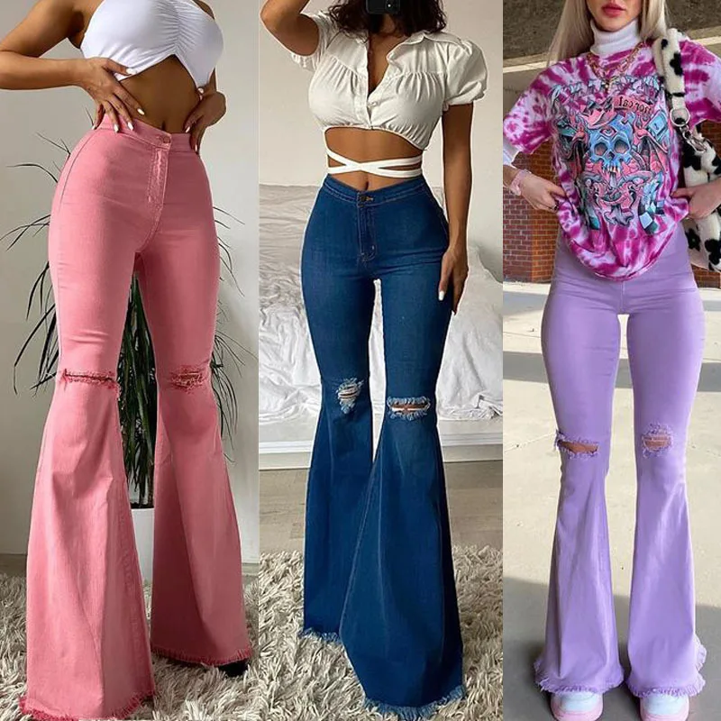 winter clothes for women jeans pants denim Stylish Solid Color Button Pierced burr flared pants color elastic denim pants ladies