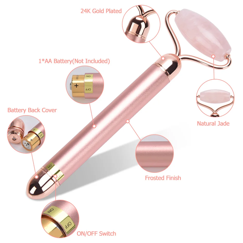 Pink Rose Quartz Vibration facial Massage Skin Lifting Golden Electronic Face Jade Roller