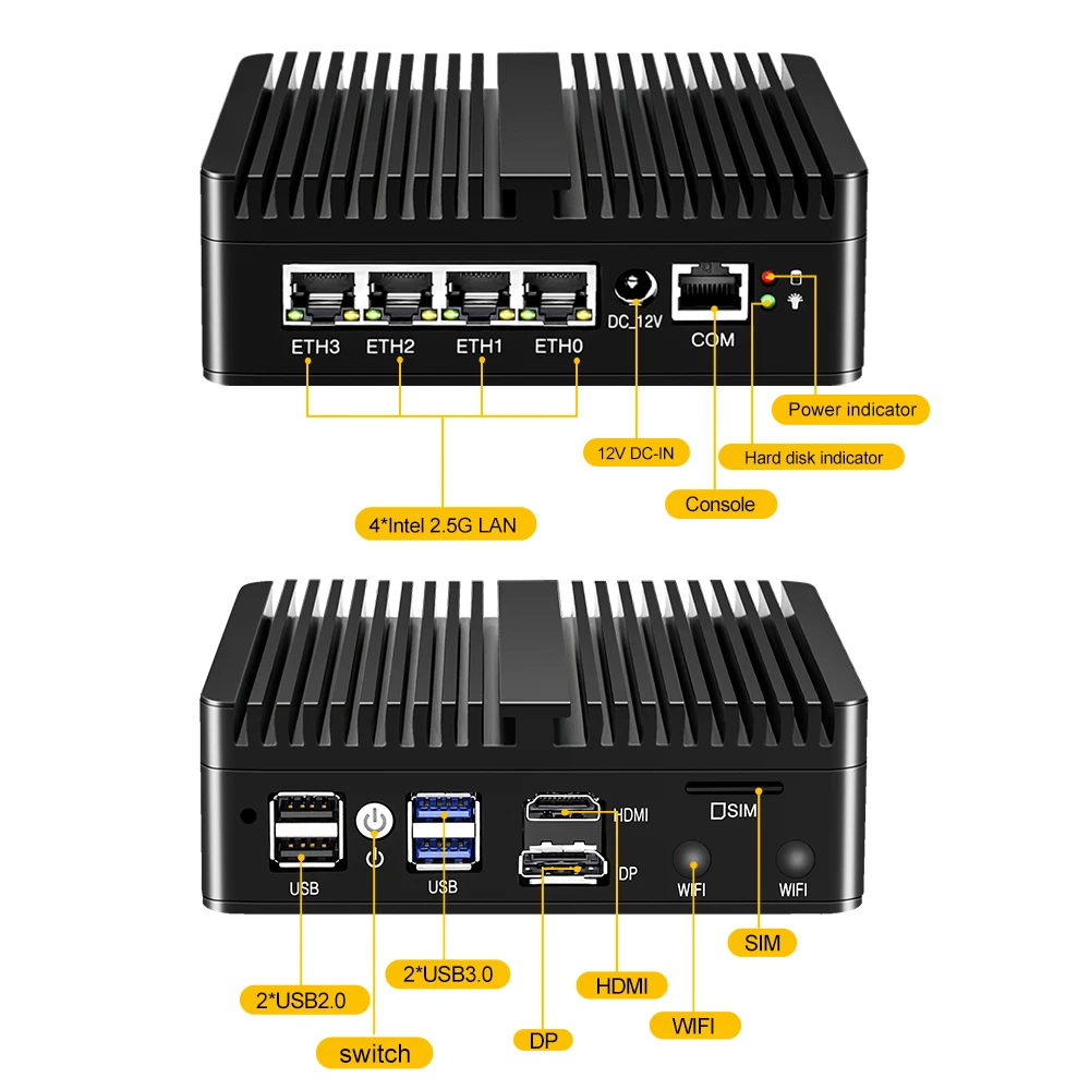 pfSense Firewall N5105 Router 4x i225 i226 2.5G LAN 2xDDR4 NVMe Industrial Fanless Mini PC 4xUSB HD-MI2.0 OPNsense PVE ESXi
