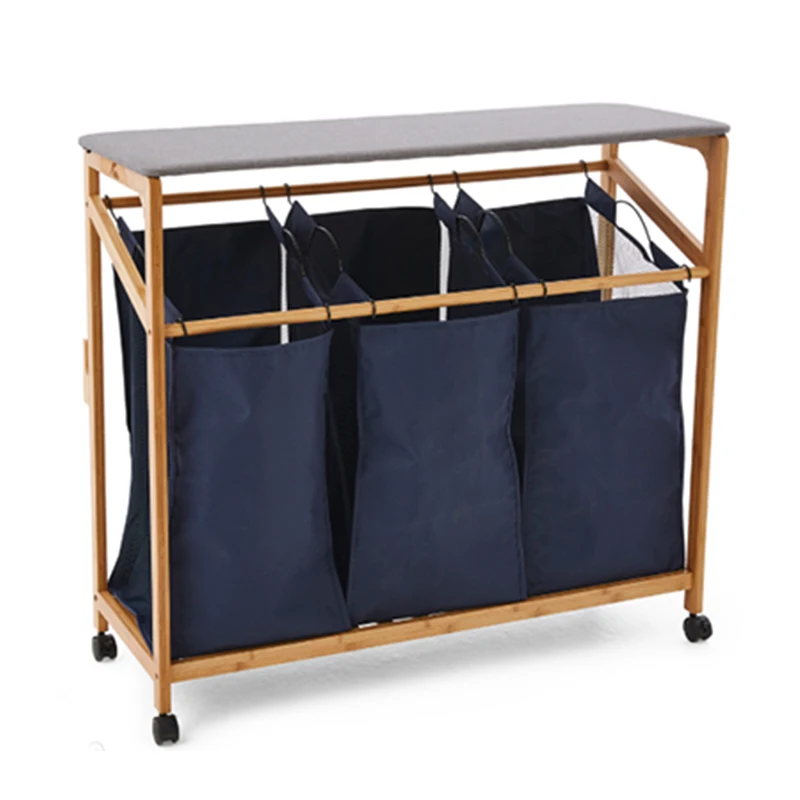 NEW Bamboo Laundry Sorter Cart with Foldable Ironing Board with Removable 3 Bags Laundry Hamper Sorter