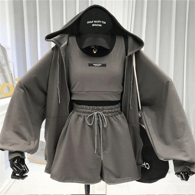 Custom Women Oversize 3 Piece Hoodie Biker Shorts Sets For Woman Adult Tank Top Sportswear 2 Gym Fitness Sets