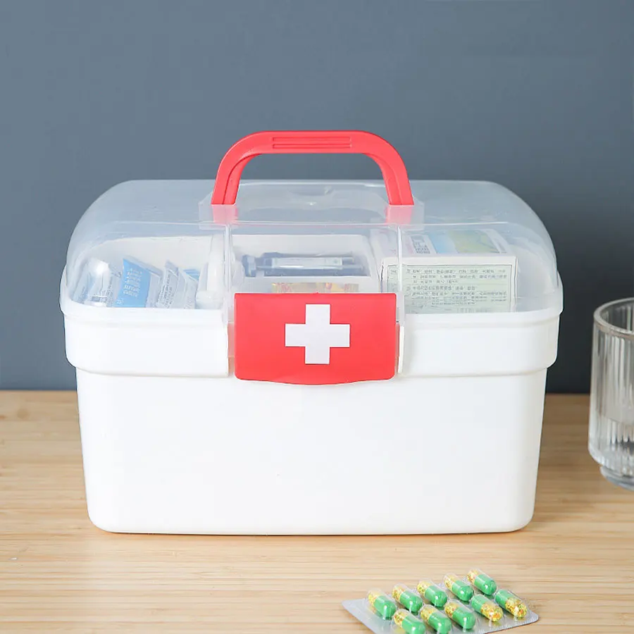 Home new portable transparent medicine organizer box medical kit medicine chest with handle