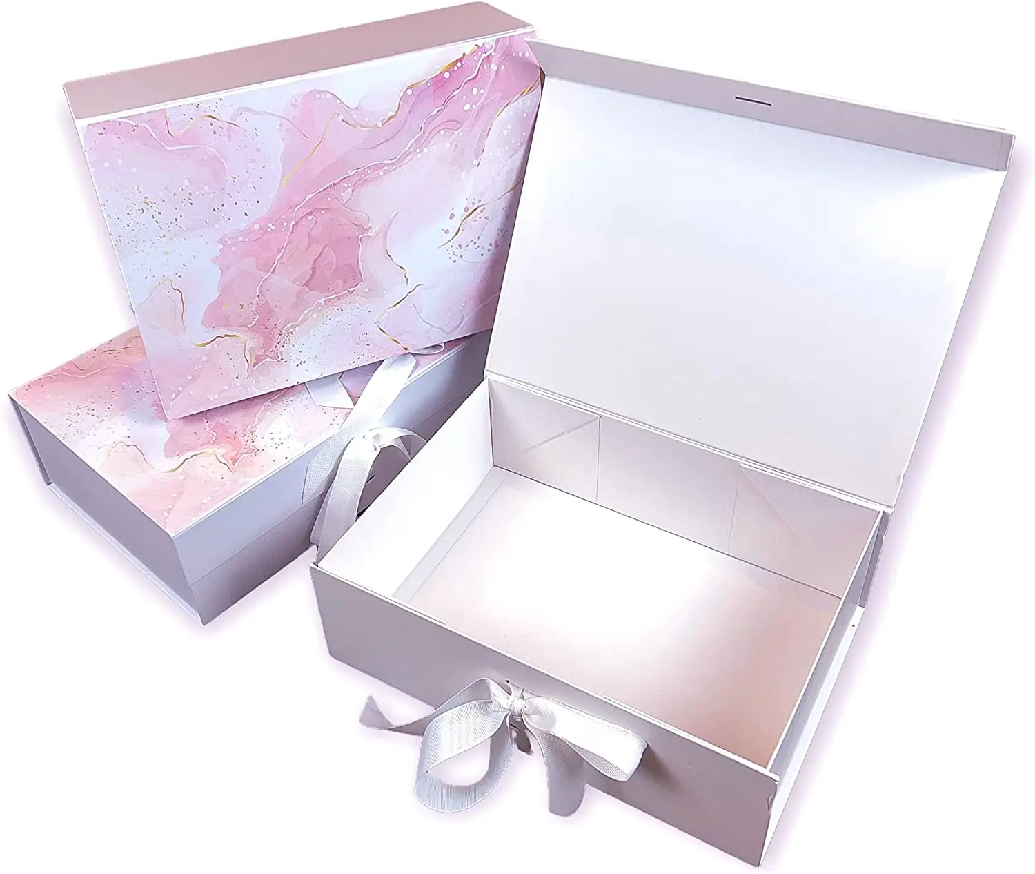 Luxury Marble Pink Magnetic Thick Gift Boxes with ribbon and magnetic enclosure for Weddings Birthdays