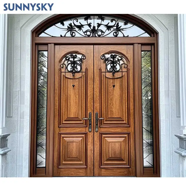 Роскошная арочная двойная деревянная входная дверь Sunnysky со стеклом