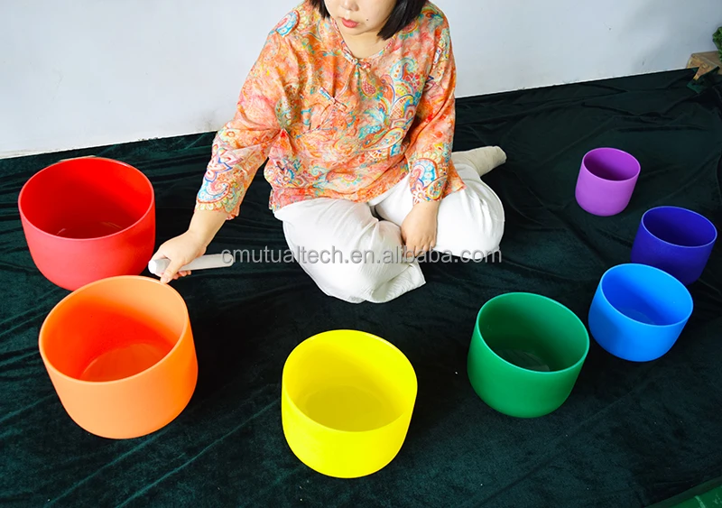 free mallets Chakra Singing Bowl Set  432 HZ double side color  7pcs of 6-12inch Crystal Singing Bowls