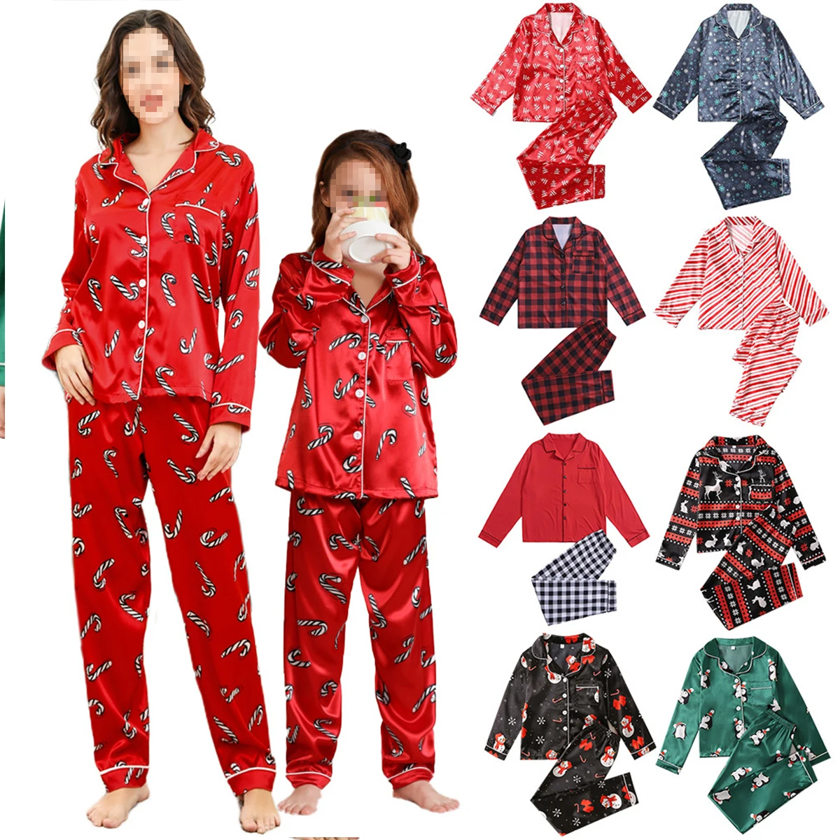 Custom Christmas Matching Parent-child Home Clothes Plaid Stitching Printing Kids Family Satin Silk Christmas Pajamas Suit